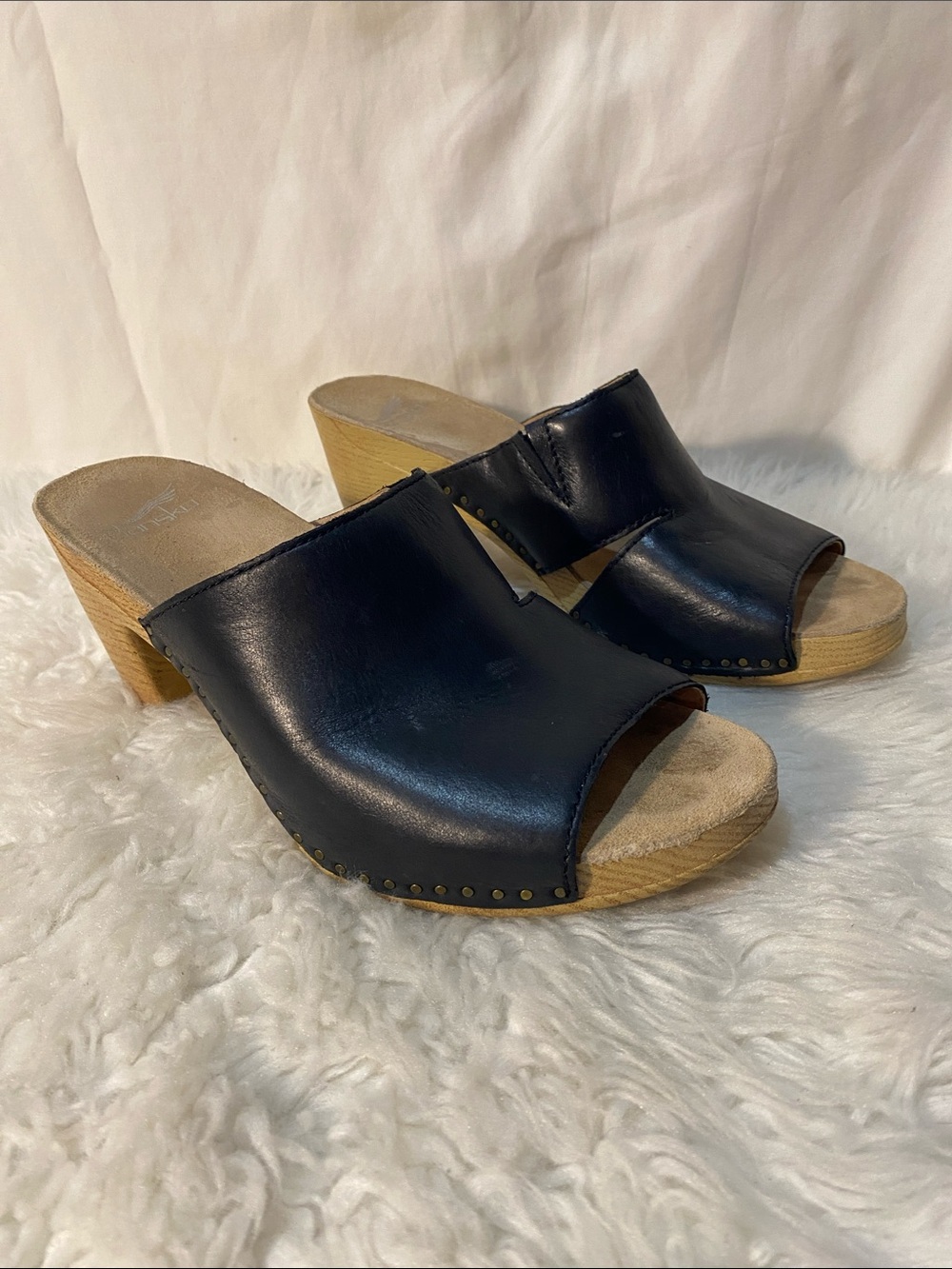 Dansko Black Leather Open-Toe Clog Slides Heeled Sandals